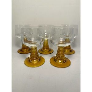 Vintage Amber Wine Glasses German Roemer Etched Beehive Stem - Set of 5